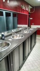 They recently replaced the sinks in the north hall bathroom with a set of steel cabinets and countertop that are much more durable than the old standalone sinks. 